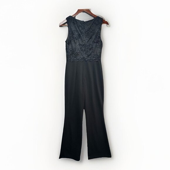 $219 Adrianna Papell Jumpsuit Size 2 Black Sleeveless Lace Sequins Mesh Evening - Picture 2 of 12